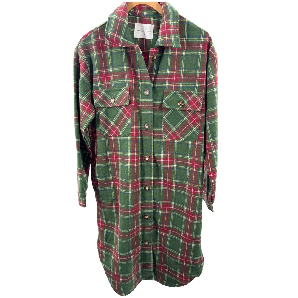 Panache Apparel Shacket Small Green Red Plaid Long Flannel Holiday Shirt Jacket